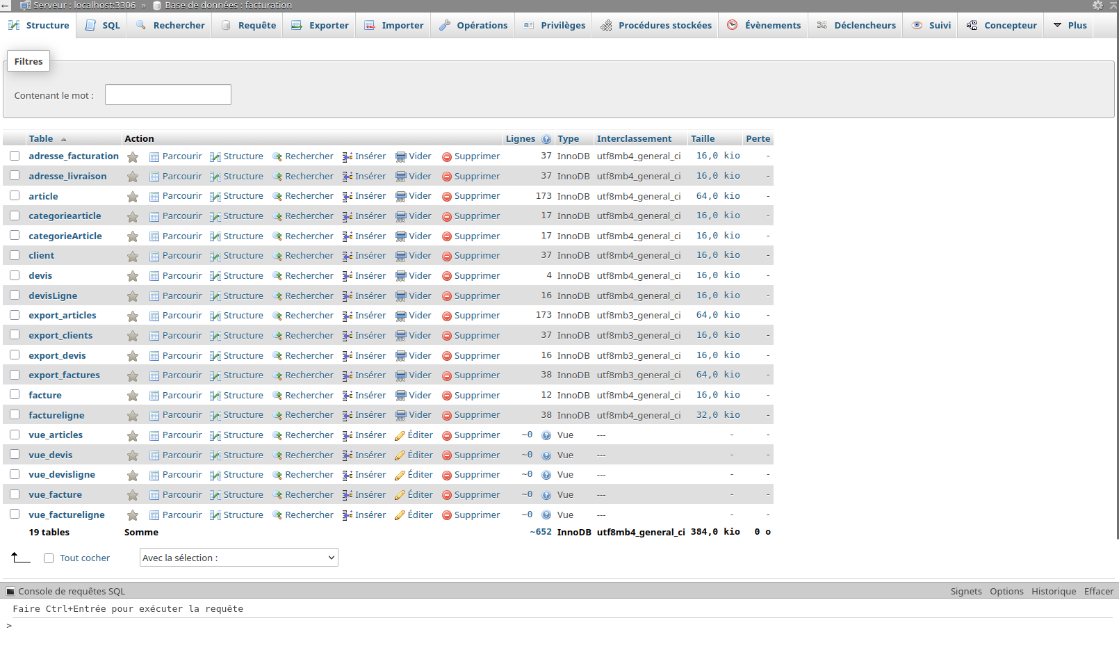 Interface de la base de données